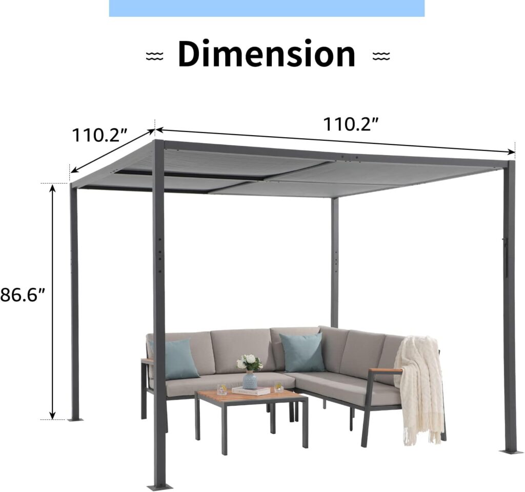 COBANA Outdoor Pergola, 9’ x 9’ Patio Aluminum Pergola Sun Shade with Adjustable Textilene Roof for Garden, Backyard, Lawn, Poolside