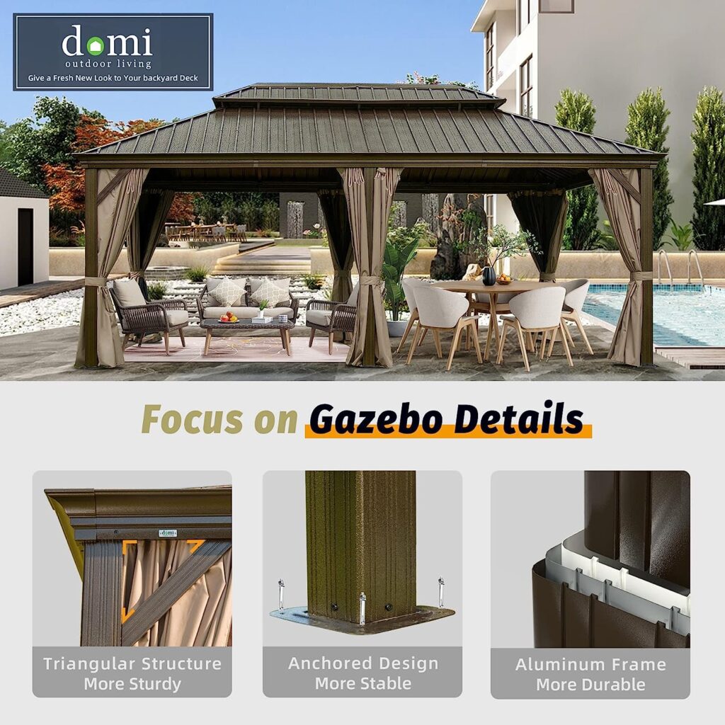 Domi Outdoor Living 12’ X 20’ Hardtop Gazebo, Outdoor Aluminum Frame Canopy with Galvanized Steel Double Roof, Outdoor Permanent Metal Pavilion with Curtains and Netting for Patio, Backyard and Lawn