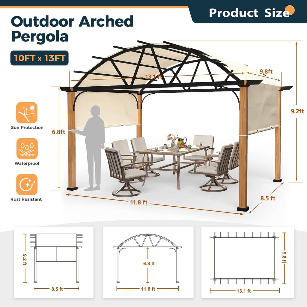 HAPPATIO 10 X 13 Outdoor Pergola with Sling Retractable Canopy and Wood-Like Aluminum Frame for Patio, Backyard, Garden, Poolside