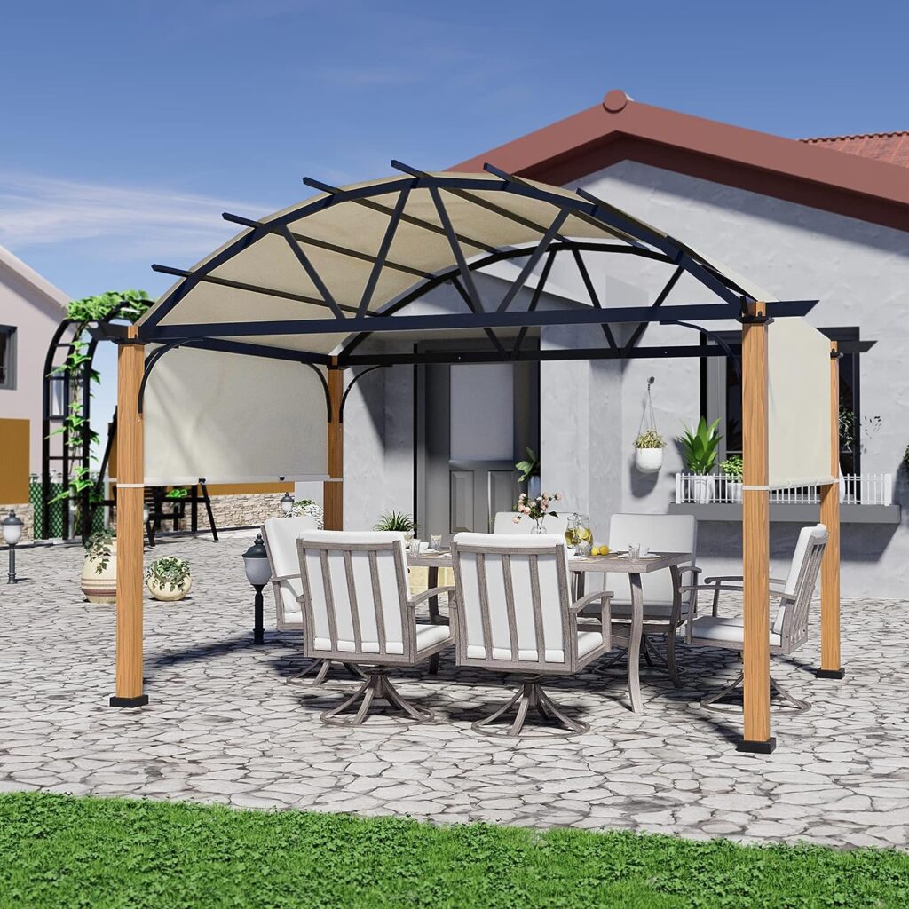 HAPPATIO 10 X 13 Outdoor Arched Pergola with Sling Retractable Canopy and Wood-Like Aluminum Frame for Patio, Backyard, Garden, Poolside