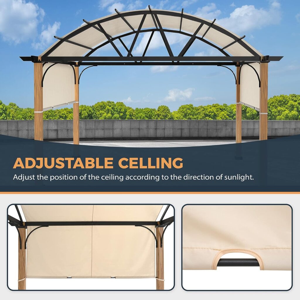 HAPPATIO 10 X 13 Outdoor Pergola with Sling Retractable Canopy and Wood-Like Aluminum Frame for Patio, Backyard, Garden, Poolside