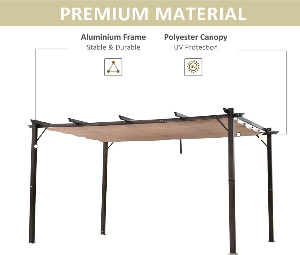 Outsunny 10 x 13 Outdoor Retractable Pergola Canopy, Aluminum Patio Pergola, Backyard Shade Shelter for Porch Party, Garden, Grill Gazebo - Brown