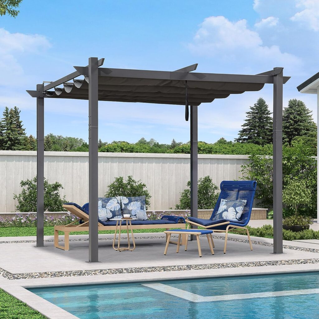 PURPLE LEAF Outdoor Retractable Pergola with Sun Shade Canopy 10 x 10 Patio Aluminum Pergola Shelter for Backyard Deck Garden Modern Metal Pergola, Gray